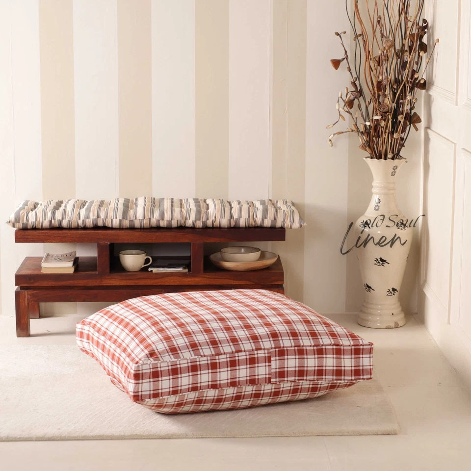 Red Plaid Floor Cushion Cover Gauze Linen Pouf Pillow Case Boho Farmhouse Decor - Image 2 of 4