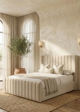 Image of Winged Cream Panel Bed Frame Velvet/ Teddy Fabric Ottoman Gas Lift Storage Bed