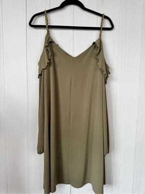 MICHAEL Michael Kors Olive Cold-Shoulder Slip Dress with Gold Chain Straps - XL