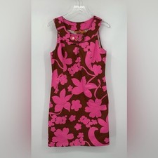 Tory Burch shift dress Mod pink brown floral logo button sleeveless modern 8