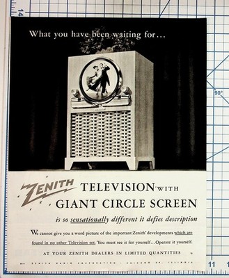 1949 Zenith Television Ad Giant Circle Screen Vintage TV Chicago Print Ephemera
