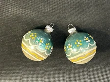 Vintage~Set of 2~SHINY BRITE~Glitter~Floral~BLOWN GLASS Christmas Ornaments