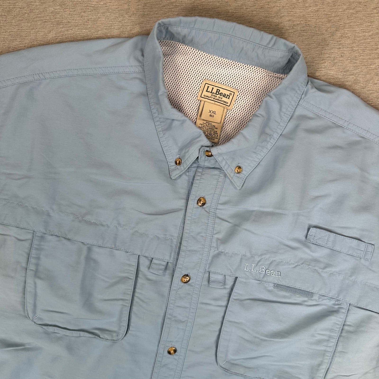 LL Bean Fishing Shirt Mens XXL Blue Short Sleeve Button Down Vented Tropicwear