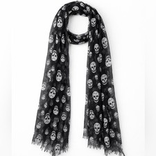 Black Sheer Skull Scarf Goth Edgy Punk Rocker Lightweight Fringe Wrap Shawl