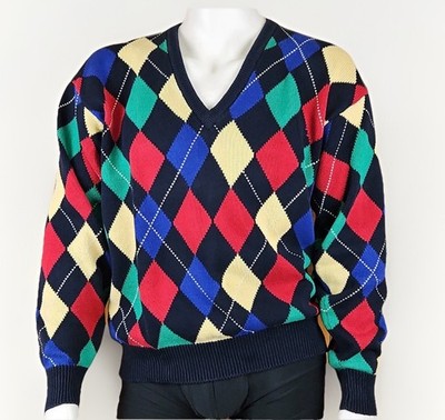 Pringle Argyle Sweater Mens L Cotton V Neck Pullover Preppy Scotland Heavyweight
