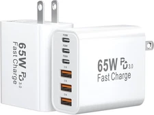 USB C Fast Charger Block, 65W GaN 6 Port USB C Wall Charger 30W Type C Charging 