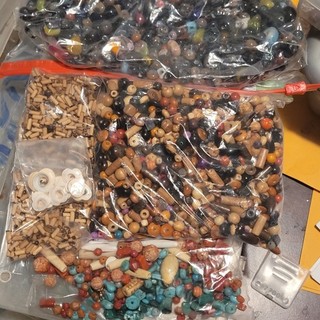 2lb Bead lot shell & wooden & bone & glass beads for making jewelry