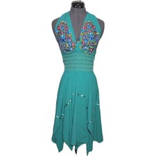 Boho Festival Cottagecore Embroidered Halter Summer Dress Teal Flowy S/M B33-35"