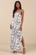 Lulus Pazzi Silver Floral Sequin Strapless Column Maxi Dress Size Medium NWT