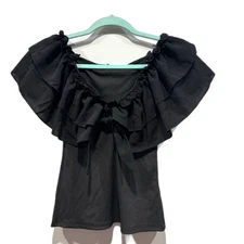 Top Ruffle Blouse Shirt Sleeveless Soft Stretch Black Girly Romantic Women Small