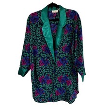 Vintage Victorias Secret Floral Satin Sleep Shirt Robe Teal Small Romantic 90s