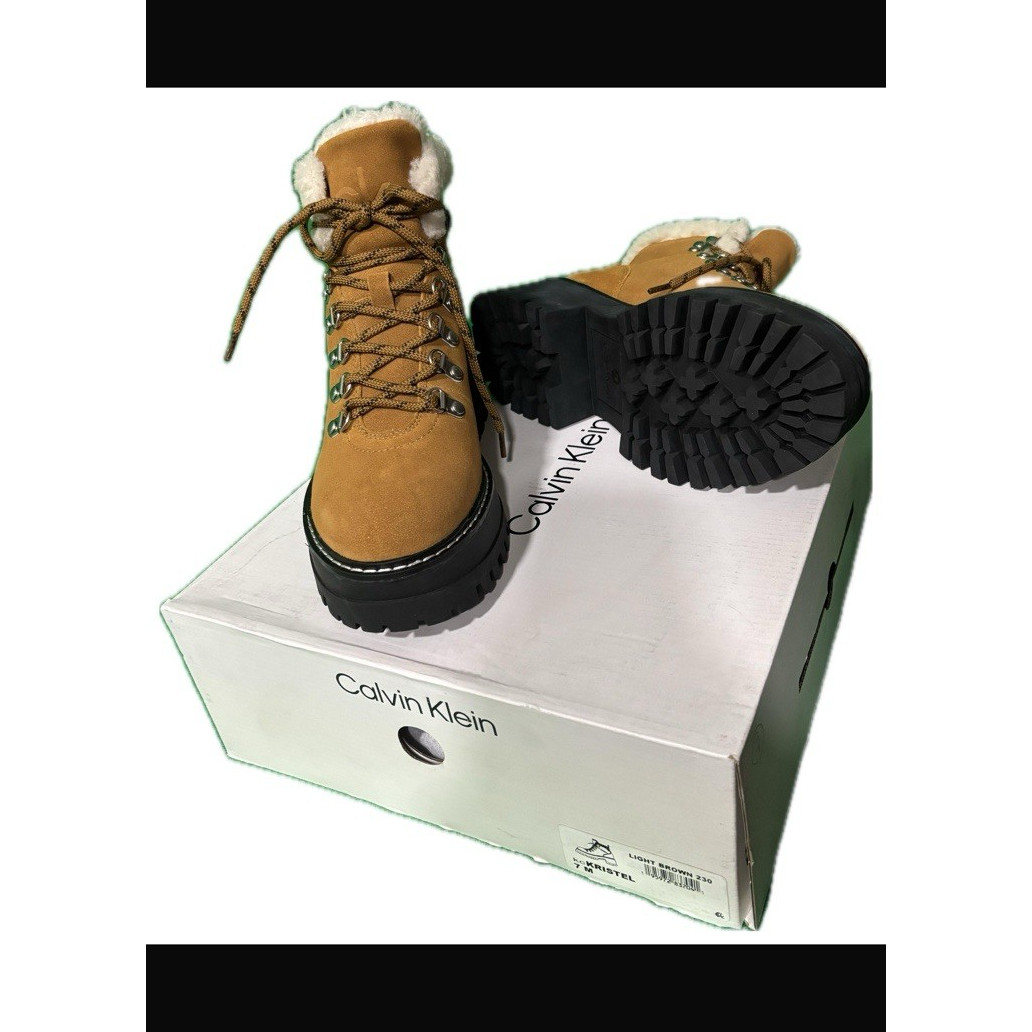 Calvin Klein Kristel Light Brown Suede Ankle Lace Up Faux Fur Combat Boots 7M
