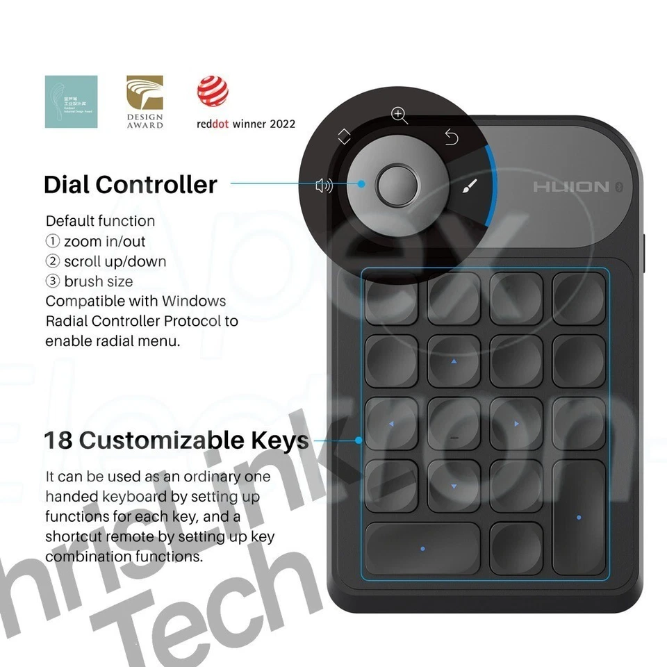 Huion K20 Keydial Compact Keyboard for Tablet/PC/Phone 18 Keys with Dial - Image 2 of 4