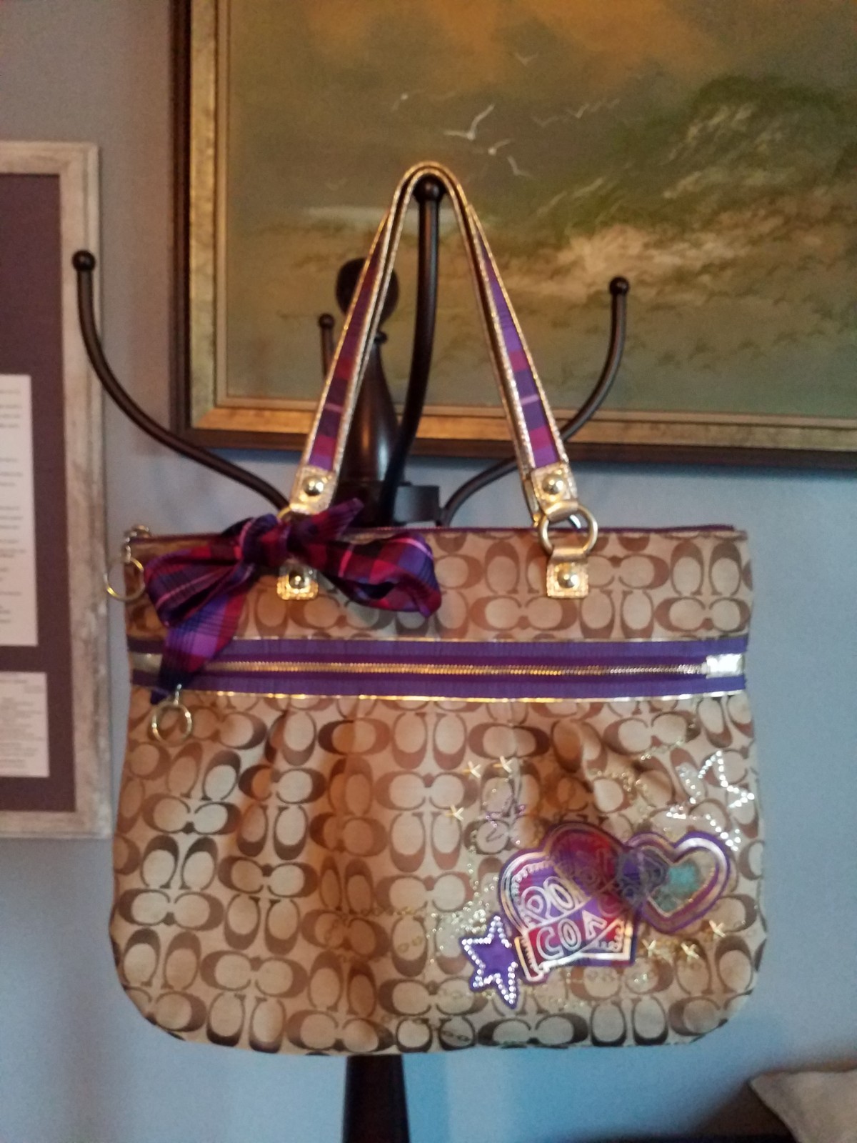 Coach Poppy purple and gold tartan purse/tote y2k design