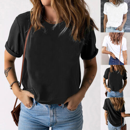 Womens Round Neck Casual Loose T-Shirt Ladies Summer Short Sleeve Basic Tops Tee