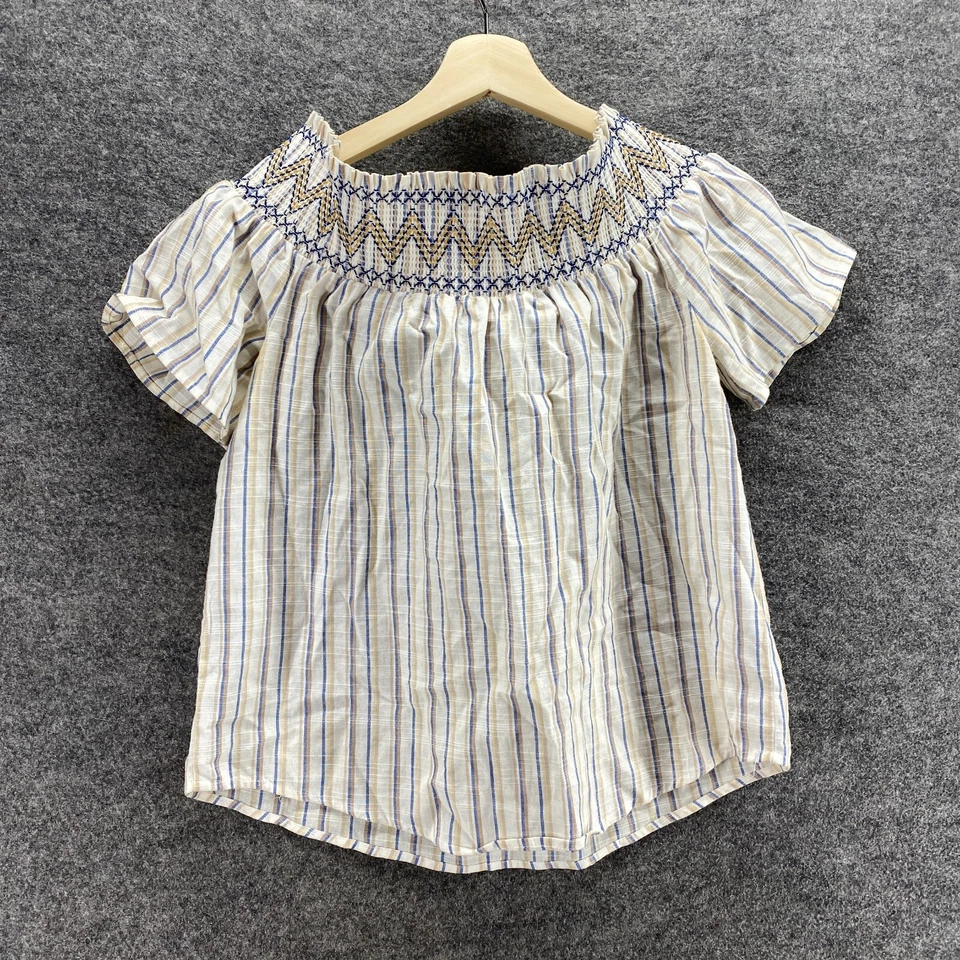 Blusa sin marca para mujer M mediana beige a rayas manga corta cuello redondo lino Foto 2 de 4