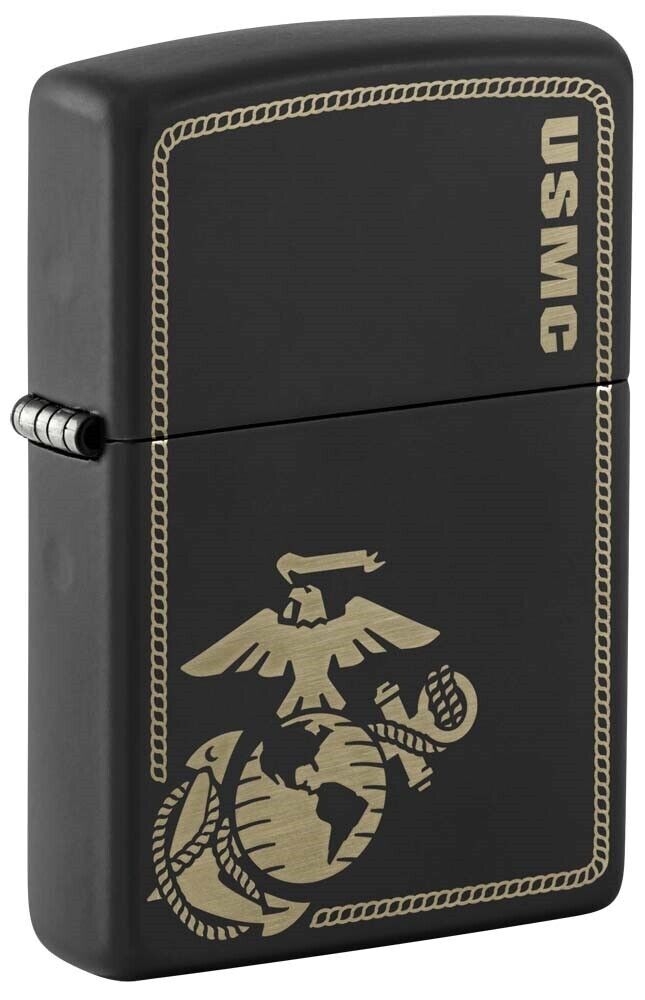 Zippo Lighter: USMC Marines Logo with Border, Engraved - Black Matte 81258. Available Now for 24.49