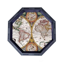 Old World Map Dice Tray, Octagon Wooden Rolling Tray D&D Tabletop Board Games