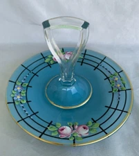 Vintage Westmoreland Glass Blue Enameled Tidbit Tray Snack Plate Handled