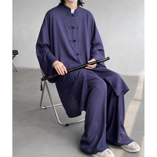 Hombres Abrigo Largo de Verano Hanfu Vestido Taoísta Bata Lino Ropa Traje Suelto Prendas para el torso + Pantalones - Imagen 9 de 18