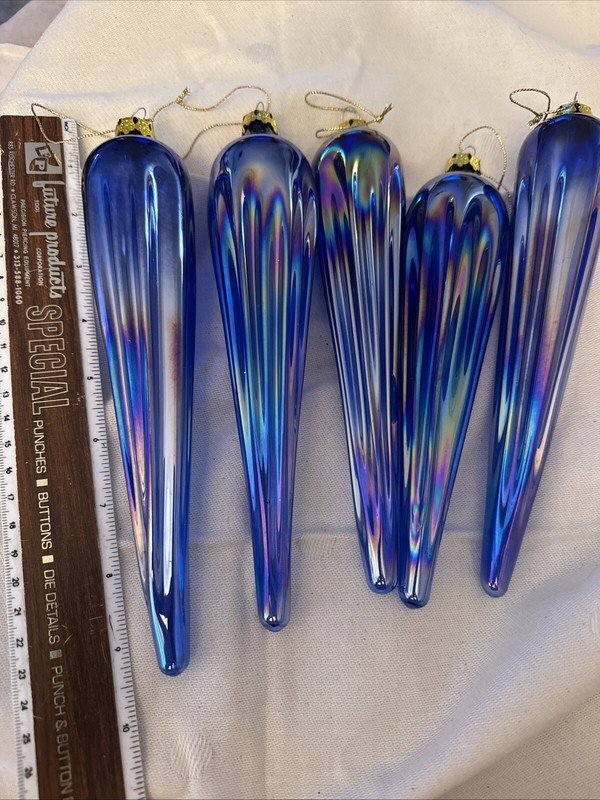 5 Large Drop Retro Icicle Glass Irrigation Blue Christmas Ornaments 9” Long