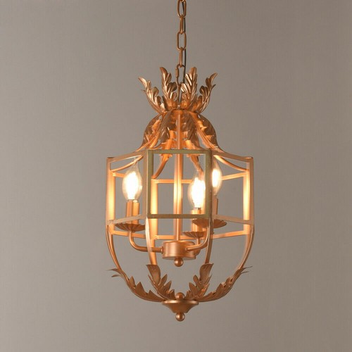 Rustic 3-Light Gold Leaves Metal Cage Pendant Lights Kitchen Ceiling Lamps - Picture 2 of 12