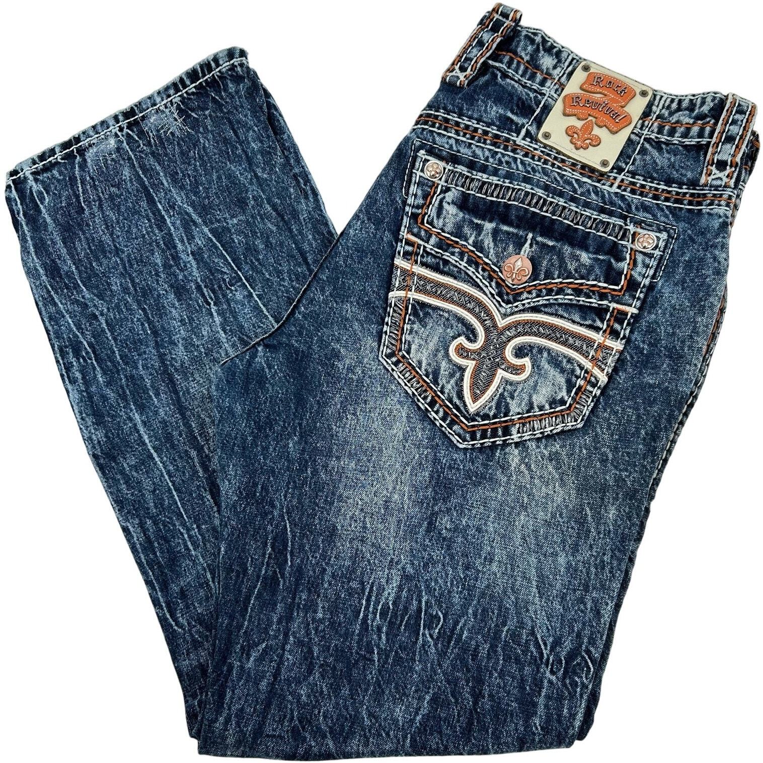 Men's Distressed Rock Revival Ecton Straight Volcano Stitch Blue Denim Jeans