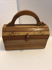 Vintage Wood Wooden Slat Handbag Purse, Wood Handle and Closure, Lined, Folk Art