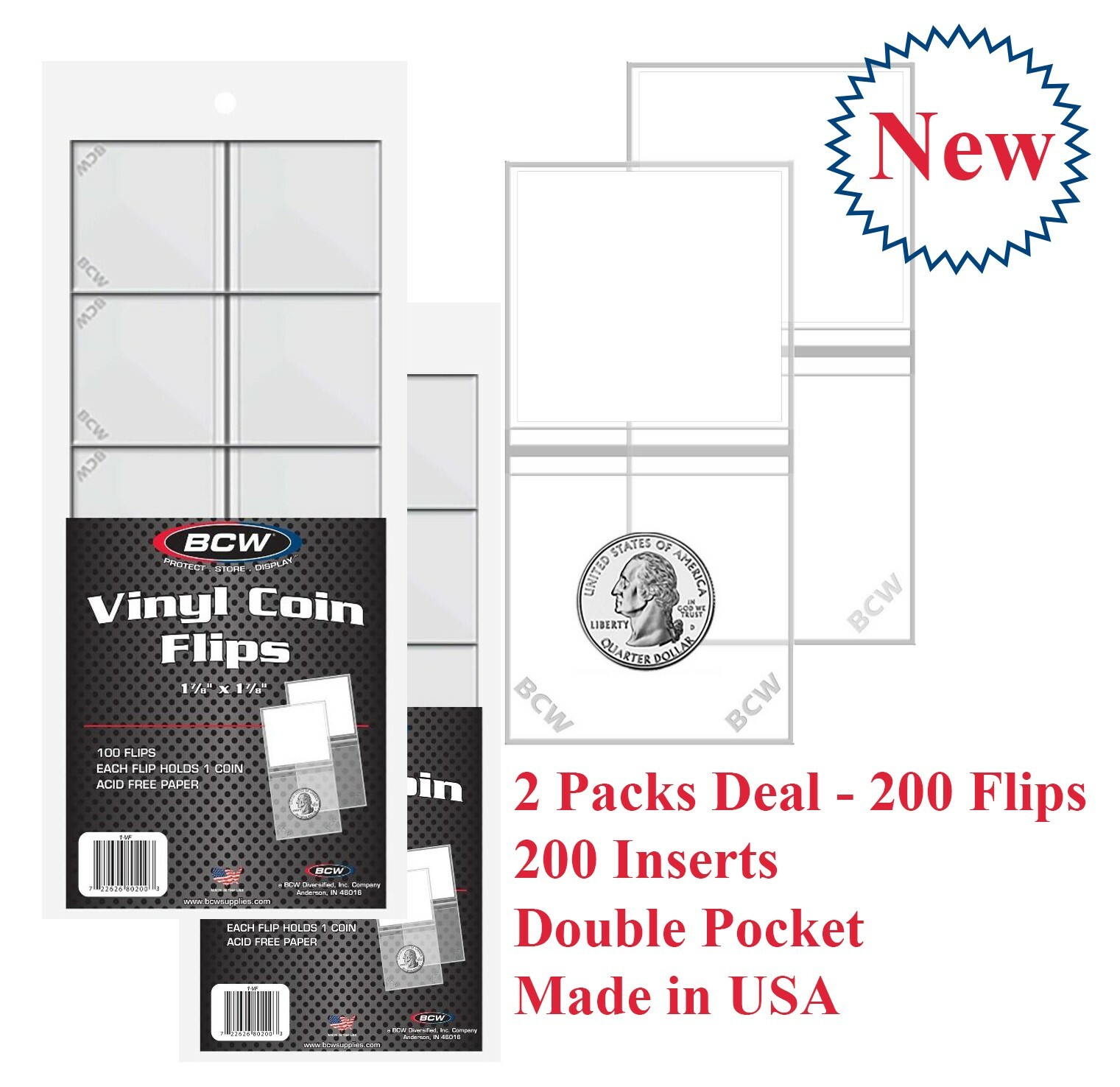 200 BCW Vinyl Coin Flips 2x2 Double Pocket Pouch Holders + Inserts For