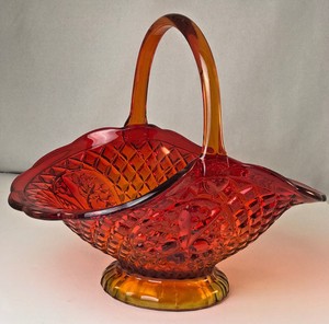 Vintage Amberina Red Orange Large Pressed Glass Basket Dish Bowl Excellent Ebay usd