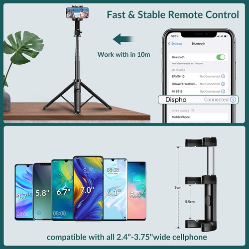 Trípode extensible con palo selfie APEXEL 60"" control remoto inalámbrico para iPhone Andorid - Imagen 3 de 12