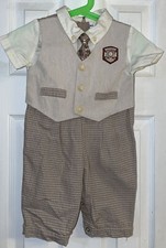 Vintage B.T. Kids Boys plaid  Tan Golf Suit, W/ Tie- SO CUTE- 6-9 Months