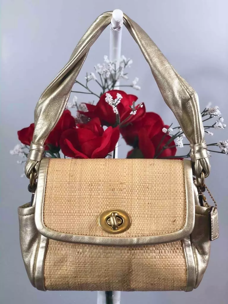 COACH Parker Straw Metallic Gold Leather Trims Small Baguette Bag 42475