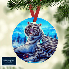 SNOW TIGER W/ BUTTERFLY CUSTOM METAL HANGING ORNAMENT GIFT TAG 3.5" ROUND