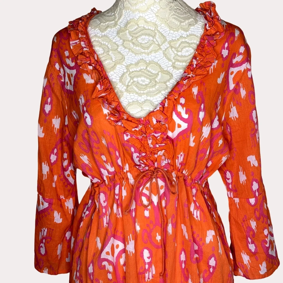 Mud Pie Bag Lady Tribal Linen Cinch Ruffle Mini Dress Tunic Orange S bv - Image 4 of 4