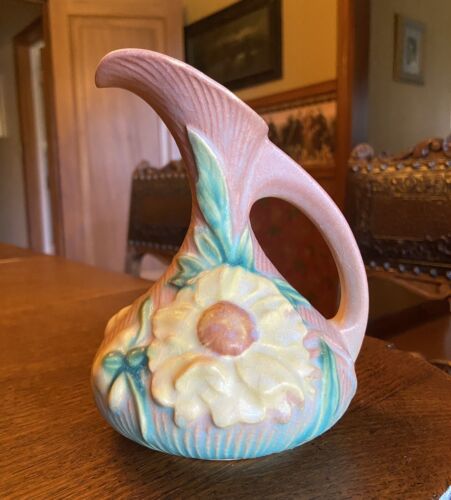 Roseville Pottery Peony Pitcher Ewer Vase 7-6" Pink Green Yellow Floral 1940s - Picture 1 of 24