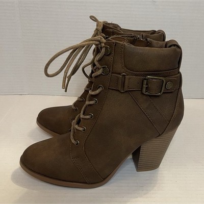Daisy Fuentes Brown Lace-Up Buckle Ankle Booties Block Heel Round Toe Synthetic