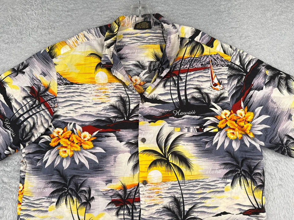 Camisa Royal Creations Hombre 2XL XXL Gris Amarillo Floral Sol Palma Algodón Hawaiano Foto 4 de 4