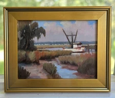 South Carolina Original Oil Painting 12x16 Gold Frame Lowcountry Marsh Painting