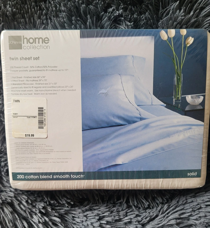 NEW JCPenney Twin Sheet Set 3pc Ivory Flat Fitted Pillowcase Home Collection - Image 2 of 4