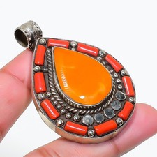Yellow & Red Coral Gemstone Pendant Handmade Tibetan Nepali Jewelry 2.1" NP 2513