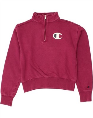Champion Damen Graphic Zip Neck Sweatshirt Pullover UK 6 XS Pink CK58