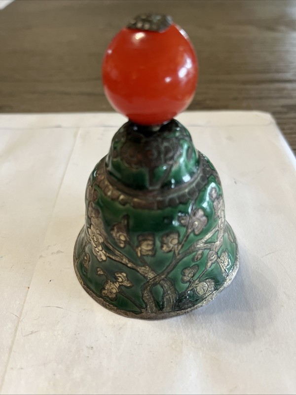 Antique 19Th Century Chinese Mandarin Qing enamel bell W/ Jade  glass Hat Finial