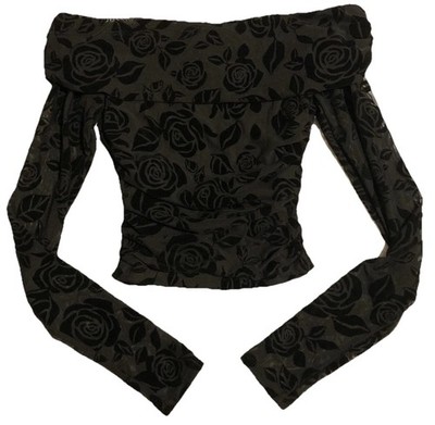 Woman s Long Sleeve Off The Shoulder Black Floral Velvet Mesh Sleeves Size XXS