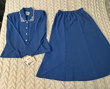 VTG Leslie Faye 2pc Dress Jacket Skirt Blue SZ 14 Shoulder Pads Buttons NOSWT