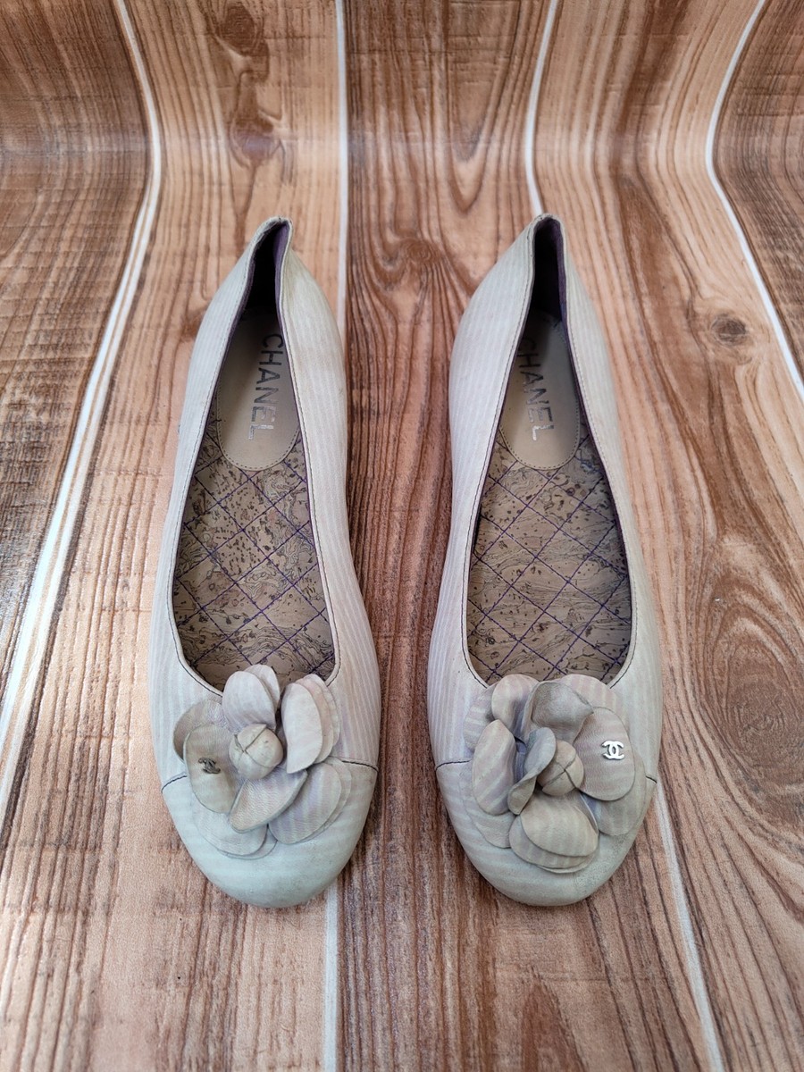 CHANEL Cambon Striped Leather Cap toe Bow Ballerina Flat EU