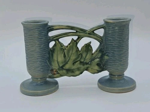 Vintage Roseville Pottery Bushberry Double Bud Vase #158 – Blue