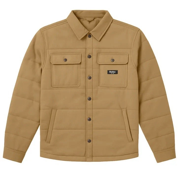 New Hurley Quilted Snap Front Shirt Chore Jacket Tan Large Lined Warm Insulated