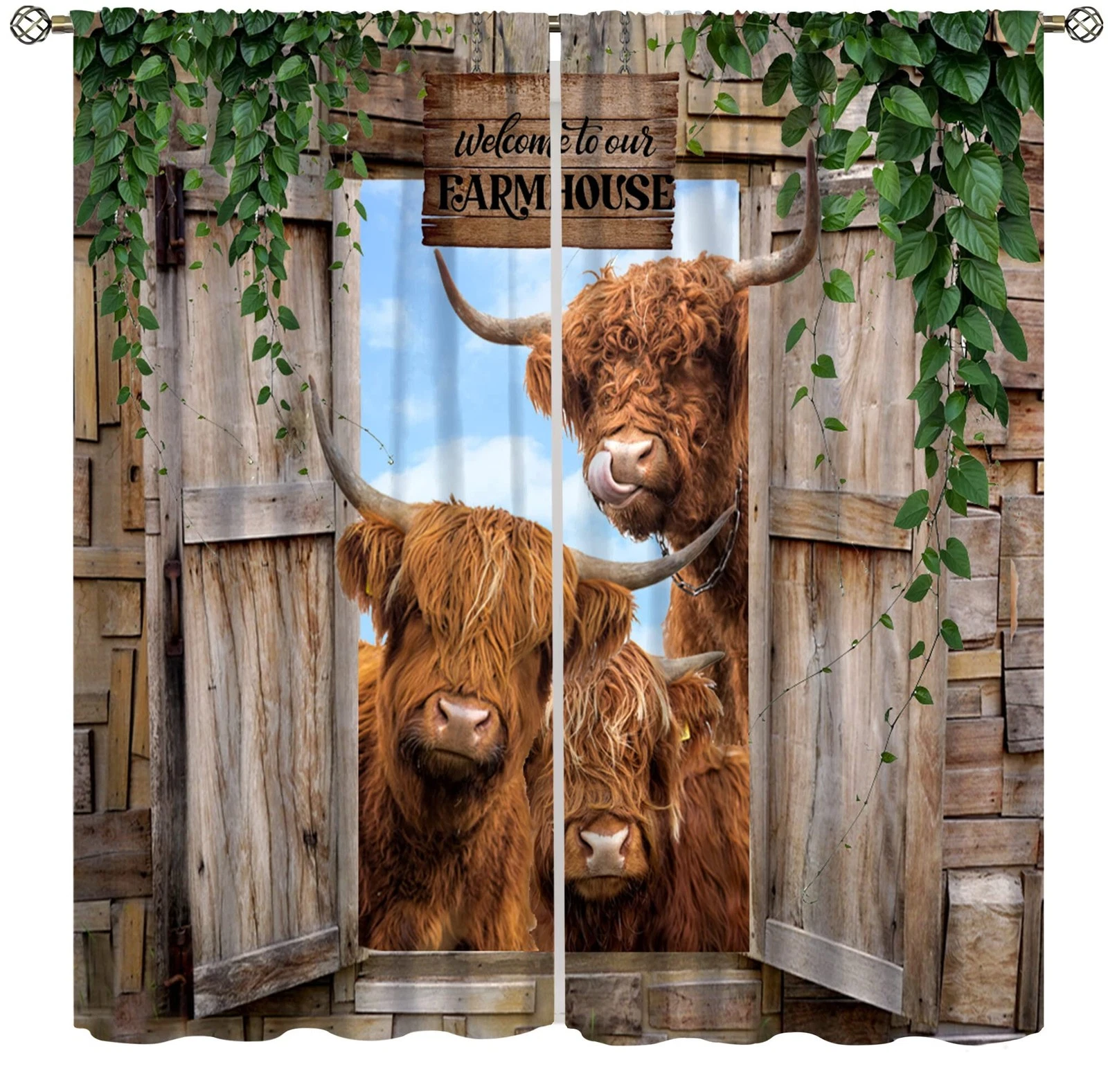 Highland Cow Curtains, Country Farm Animal Window Treatments for Farmhouse Ki...