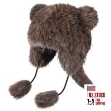 Cute Faux Fur Raccoon Tail Hat Furry Earflap Trapper Hat Adults Plush Brown
